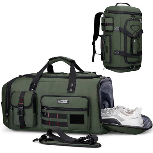 WITZMAN Duffle Bag for Men 3 in 1 Convertible 45L Nylon Gym Travel Backpack | Multi-pockets with Shoe Compartment and Dry-wet Pocket, One Duffel Bag for Sports, Weekender, Overnight, B693 Army Green - color: Army Green