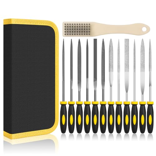 13PCS Needle File Set,Small File Set,Needle Files for Metal,Diamond File Set,TOYIKOM 6 Jewelers Files Set,6 Steel File Tool,Small Metal Files for Precision Metal Wood Sharpening with Brush Carry Case - color: 13PCS Needle File (Black+Yellow)