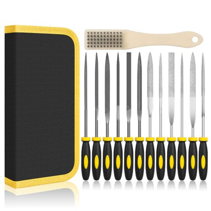 13PCS Needle File Set,Small File Set,Needle Files for Metal,Diamond File Set,TOYIKOM 6 Jewelers Files Set,6 Steel File Tool,Small Metal Files for Precision Metal Wood Sharpening with Brush Carry Case - color: 13PCS Needle File (Black+Yellow)