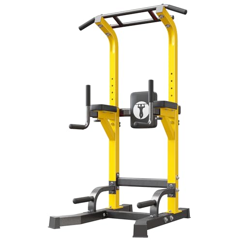 SogesHome Multifuntional Power Tower Pull Up Bar Dip Station for Home Gym | Adjustable Height 65.7"-87" Exercise Workout Machine with Comfort Pads & Anti-Slip Grips for Full Body Strength Training - color: Yellow