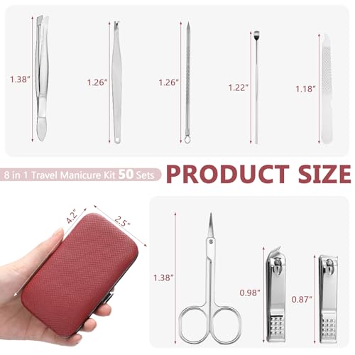 Geosar 50 Set 8 in 1 Travel Manicure Kit Bulk Professional Nail Clippers Pedicure Nail Care Tools Grooming Stainless Steel Set with Portable Travel Case, Gift for Valentine Men Women(Red) - color: Red