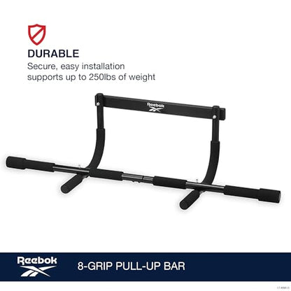 Reebok 8-Grip Pull-Up Bar, Multi-Function Door Frame | Door-Mount Pull-Up Bar | 8 Grip Positions | Foam-Padded Handles | Upper Body Strength | No Installation Required