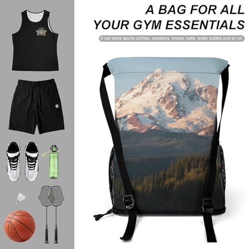 Small Gym Bag Mount Rainier Printed Drawstring Gym Bag for Men Lightweight Waterproof Drawstring Backpack for Women with Shoe Compartment for Travel Tourism Work And Fitness