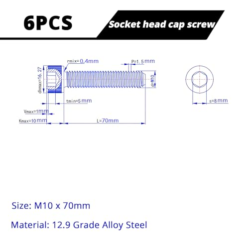 M10-1.5 x 70mm Socket Head Cap Screws Cap Bolts, 12.9 Grade Alloy Steel Black Oxide, Allen Socket Drive, Machine Full Thread, 6 PCS (16mm-80mm Available) - size: M10x70mm(6PCS)