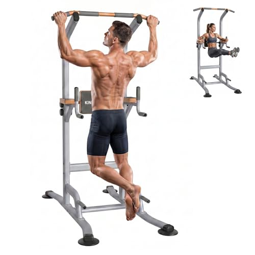 Multi-Function Power Tower Pull Up Bar Station with Pilates Resistance Bands, 450LBS Stable Pull Up Dip Station with Push Up Handles for Home Gym Strength Training Equipment - color: Grey