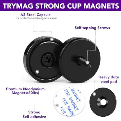 Strong Rare Earth Neodymium Magnets with Screws, 80Lbs, 12 Pack | Heavy Duty Disc Cup Magnets with Countersunk Hole and Adhesive Backing for Kitchen, Tool Room, and Wall Hanging - size: 0.98 inch