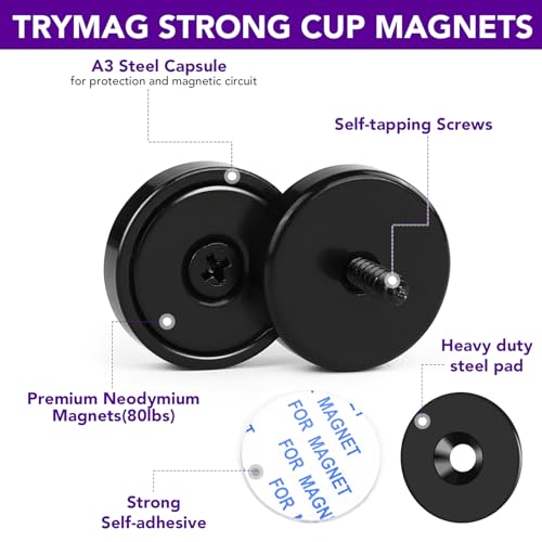 Strong Rare Earth Neodymium Magnets with Screws, 150Lbs, 12 Pack | Heavy Duty Disc Cup Magnets with Countersunk Hole and Adhesive Backing for Kitchen, Tool Room, and Wall Hanging - size: 1.42 inch