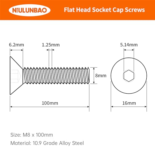 M8-1.25 x 100mm Flat Head Hex Socket Cap Screws Countersunk Bolts, 10.9 Grade Alloy Steel, Black Oxide Finish, Allen Hex Drive, Metric Fully Threaded, 10PCS - size: M8-1.25 x 100mm(10PCS)