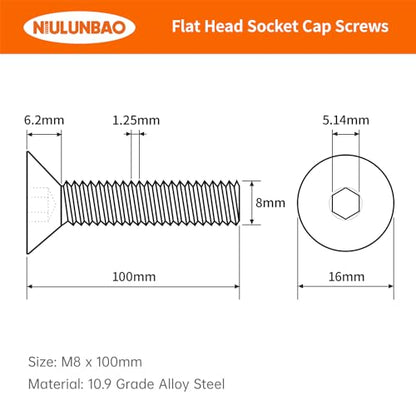 M8-1.25 x 100mm Flat Head Hex Socket Cap Screws Countersunk Bolts, 10.9 Grade Alloy Steel, Black Oxide Finish, Allen Hex Drive, Metric Fully Threaded, 10PCS - size: M8-1.25 x 100mm(10PCS)