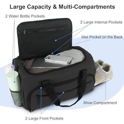 Gym Bag for Men Women, Sports Duffle Bag with Wet Pocket & Shoes Compartment, Water Resistant Overnight Weekender Bag Duffel Bag - color: Black