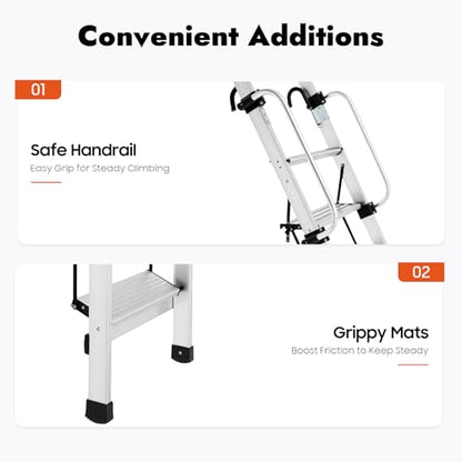 4-Step Ladder, Adjustable Home RV Loft Stair Bed Ladder Step Stool Ladder with Handrail & 5 Pedal Gears, 330.69lbs Capacity Wall & Floor-Mounted Truck Boat Safety Climb Stair