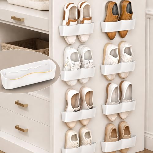 8Pack Wall Mounted Shoe Rack, Adhesive & Drill Mount - White | Patent Protected, Reduce Clutter, Sturdy and Stable Hanging Shoe Organizer, Plastic Shoe Storage for RV, Camper, Closet Door - color: White