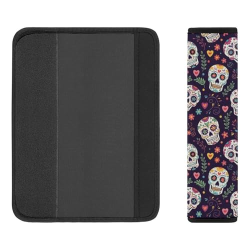 2 Pack Universal Soft and Comfortable Car Seat Belt Pad for Girls and Boys, Stroller Pushchair High Chair, Day of The Dead Sugar Skulls Hearts Flowers Shoulder Protector - color: Pattern 1111