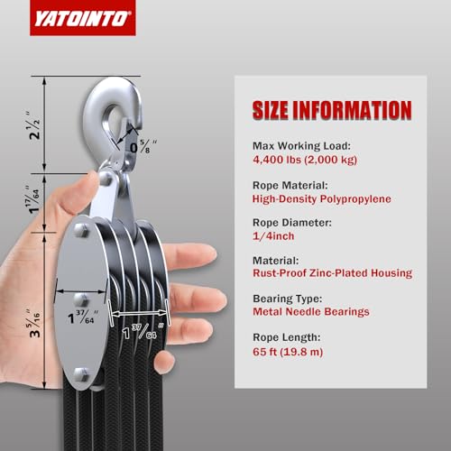 YATOINTO Rope Hoist Pulley System with Metal Bearing, 4400LB Pulley Block and Tackle, 8:1 Lifting Power 65ft, Heavy Duty Pulley Block for Hunting Lifting Heavy Objects Garage Warehouses Building - size: 4 Pulley