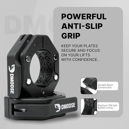 DMoose Fitness Barbell Clips 2 Inch (Pair) - Quick Release Olympic Barbell Clamps & Collars with Anti Slip TPR Grip for Secure Weightlifting and Powerlifting - Weight Clips for Bars at Home or Gym - color: Black V2, style: Magnetic