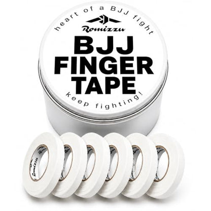 BJJ Finger Tape with Metal Storage Tin – 6 Rolls 26ft x 0.3in | Jiu Jitsu Grappling Tape | Strong Finger Support | Breathable Cotton | Residue-Free | MMA Wrestling Rock Climbing - color: White