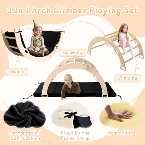 Kids Climber Arch Rocker with Cushion, Montessori Climber Climbing Toys | Arch Climber Wooden Indoor Playground with Cushion for Kids, Large Children Arch Climbing for Toddler Indoor Black