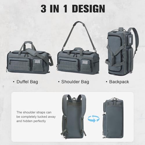 G4Free 3-in-1 Travel Duffle Bag for Men and Women, 50L Large Gym Sports Bags Tactical Military Duffle Backpack with Shoes Compartment and Wet Pocket (Dark Gray) - color: Dark Grey