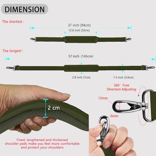 ZINZ Shoulder Strap 58" Ultra-Thick Fixed Padded and Adjustable Buckles Crossbody Strap for Briefcase Laptop Bag Luggage - color: Army Green