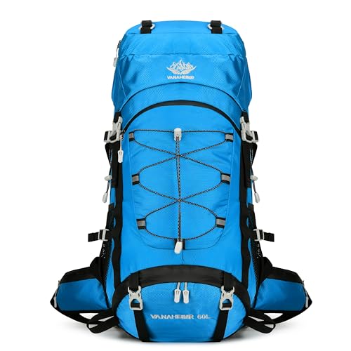 60L Travel Hiking Camping Backpack with Rain Cover, Backpack Water Resistant,Climbing Backpack for Men Women (SKY BLUE) - color: Sky Blue