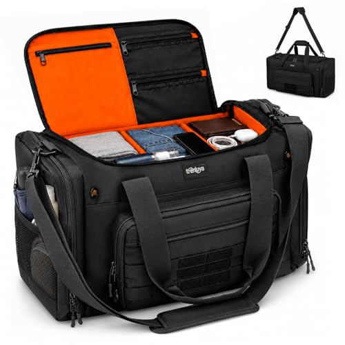 Tactical Gym Bags for Men, Travel Duffle Bag with Dividers, Orange | 45L, 900D Oxford, Insulated Cooler Pocket, Wet/Dry Storage, Airline Carry-On Compatible, for Sports and Weekender Overnight - color: Orange