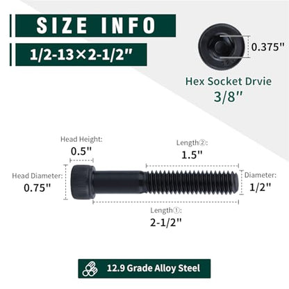 1/2-13 x 2-1/2" Socket Head Cap Screws Bolts, 12.9 Grade Alloy Steel, Black Oxide Finish, Allen Hex Drive, Full Thread, 6-Pack - size: 1/2-13 x 2-1/2"