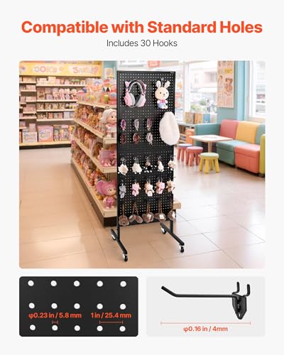 VEVOR Standing Pegboard Display, 23.6 x 63 in Pegboard Display Stand with Swivel Casters and 30 Hooks, Thickened Cold-Rolled Steel Peg Board Panel for Grocery, Retail Store and Jewelry Shop, Black - style: Standard Style