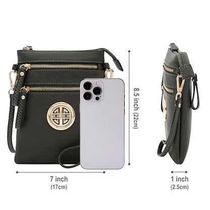 Solene Small Multi Zipper Pockets Crossbody Bag with Detachable Wristlet - color: Charcoal Grey