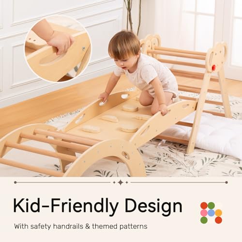 WINGYZ Pikler Triangle Set, Montessori 8-in-1 Foldable Climbing Set | Reversible Animal Slide, Patent-Protected Jungle Gym, Safe 2.35in Gap, ASTM F963 Standards for Toddlers 18M-5Y, Teak - color: Teak