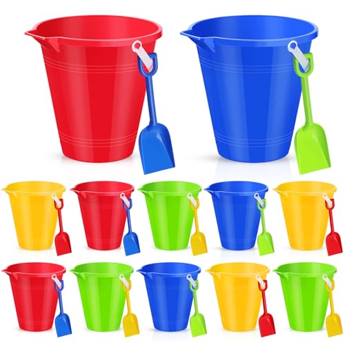 Didaey 12 Set 9 Inch Beach Sand Buckets and Shovels Set Includes Large Sand Buckets and Shovels Beach Pails Toys for Kids for Summer Theme Party Favors Summer Game (4 Colors) - color: 4 Colors