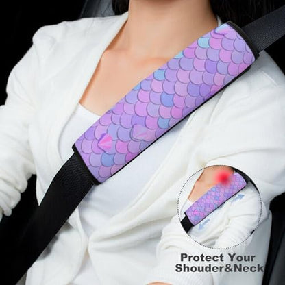 2 Piece Soft Padded Car Seat Belt Pad for Elderly Support, Stroller Pushchair High Chair, Purple Mermaid Scale Shoulder Harness Cover, Shock Absorption - color: Pattern 713