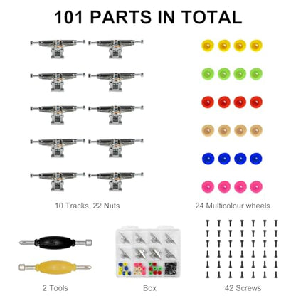 101PCS 33MM Ultra-Professional Extended Fingerboard Trucks & Multicolor Bearingless Wheels & Black Screws & Nuts & Spanner Tool Parts Kit Case for Fingerboard Skateboard Wooden Deck