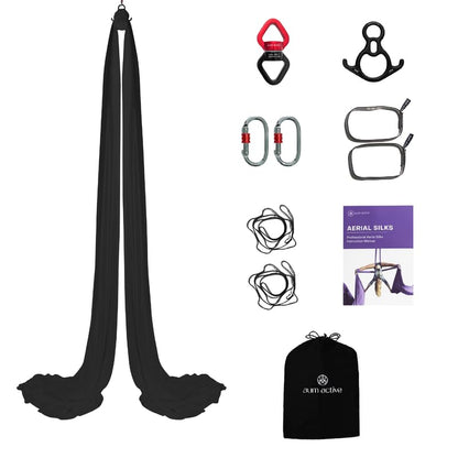 Aerial Silks Yoga Hammock Kit, 11 Yards, Hardware and Swivel | Knitted fabric with swivel and guide, portable carry bag included, for aerial yoga, gymnastics and home gym practice - color: Black