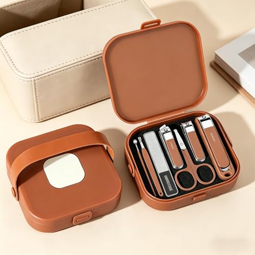 8Pcs Manicure Set, Stainless Steel Nail Clipper Kit with Coffee Carry Case, Professional Nail Care Tools for Home & Travel