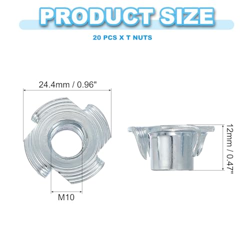 PATIKIL M10 T-Nuts, 20 Pcs Zinc Plated Steel 4-Pronged Tee Blind Nut 12 mm Length Four-jaw t Nuts Threaded Inserts Hardware for Wood Furniture Cabinetry Rock Climbing Hold - size: M10x12 mm