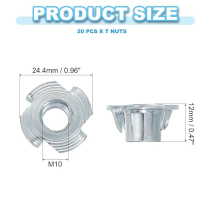 PATIKIL M10 T-Nuts, 20 Pcs Zinc Plated Steel 4-Pronged Tee Blind Nut 12 mm Length Four-jaw t Nuts Threaded Inserts Hardware for Wood Furniture Cabinetry Rock Climbing Hold - size: M10x12 mm
