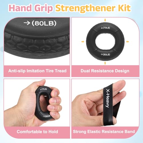 Silicone Ring Grip Strength Trainer with Finger Extension Band, Hand Grip Strengthener Forearm Trainer Kit - color: Black, size: 70-80LB