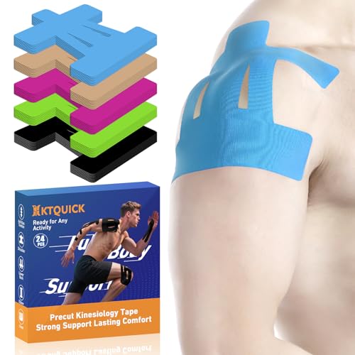 KTQUICK Precut Kinesiology Tape for Shoulder, 24 PCS, 20% Stronger Adhesive | Blue, Precut Shoulder Support Tape with Premium Cotton, Breathable, Waterproof, Latex-Free Athletic Tape for Training&Sports - color: Blue, size: 24PCS