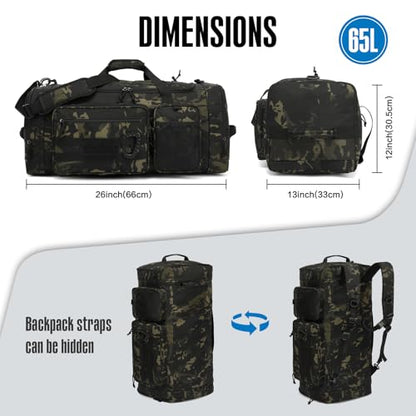 TUGUAN Large Baseball Softball Duffle Bag, 3 in 1 Baseball Equipment Duffel Backpack for Adult Youth, 65L Bat Bag with Shoes Compartment - 2 Bat Sleeves Fence Hook Hidden Dual Straps - color: Camo