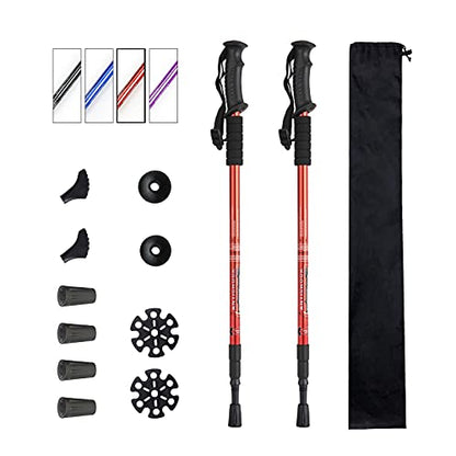 Aihoye Trekking Poles,Adjustable Shock Absorbing Hiking Walking Stick-2Pcs | Aviation aluminum,Collapsible, Lightweight, All-terrain walking poles, Carry bag included - color: red