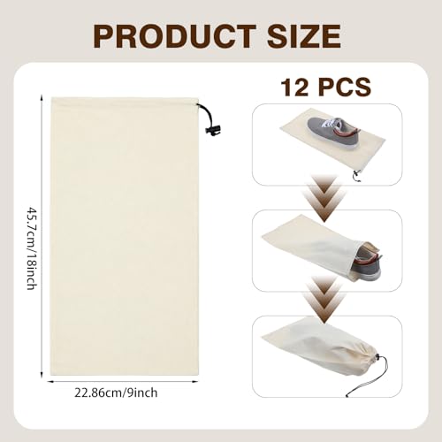 12 Pcs Dust Bags for Shoes Travel, 18x9 Inch Shoe Travel Bags for Suitcase, Single Shoe Pouch Storage Organizer, Cotton Drawstring Bag for Sneakers Boots Handbags, Beige