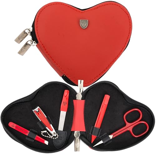 3 Swords Germany - brand quality 5 piece manicure pedicure grooming kit set for professional finger & toe nail care tweezers file clipper genuine leather case in gift box, Made by 3 Swords (03898) - color: GENUINE LEATHER - RED