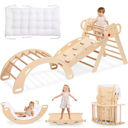 WINGYZ Pikler Triangle Set, Montessori 8-in-1 Foldable Climbing Set | Reversible Animal Slide, Patent-Protected Jungle Gym, Safe 2.35in Gap, ASTM F963 Standards for Toddlers 18M-5Y, Teak - color: Teak