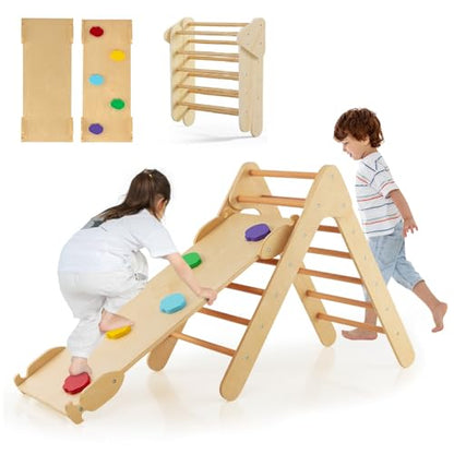 OLAKIDS Pikler Triangle Set 3 in 1 Climbing Toys for Toddlers Wood Montessori Baby Jungle Gym with Ramp Ladder Slide Kids Indoor Playground Activity Play Structure - color: Wooden