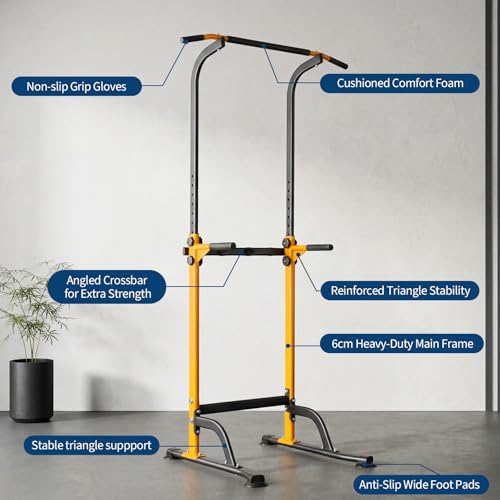 Power Tower Home Gym Strength Training Station Adjustable 10 Height Levels, Heavy-Duty Chin-Up Tower with Parallel Dip Handles, Bodyweight Workout Equipment for Pull-Ups, Dips, Knee Raises, Push-Ups, 330 Lb Capacity - color: Yellow