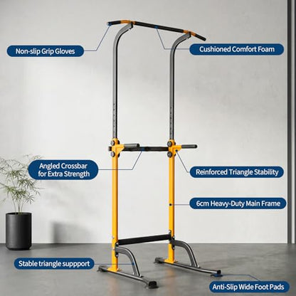 Power Tower Home Gym Strength Training Station Adjustable 10 Height Levels, Heavy-Duty Chin-Up Tower with Parallel Dip Handles, Bodyweight Workout Equipment for Pull-Ups, Dips, Knee Raises, Push-Ups, 330 Lb Capacity - color: Yellow