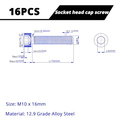 M10-1.5 x 16mm Socket Head Cap Screws Cap Bolts, 12.9 Grade Alloy Steel Black Oxide, Allen Socket Drive, Machine Full Thread, 16 PCS (16mm-80mm Available) - size: M10x16mm(16PCS)