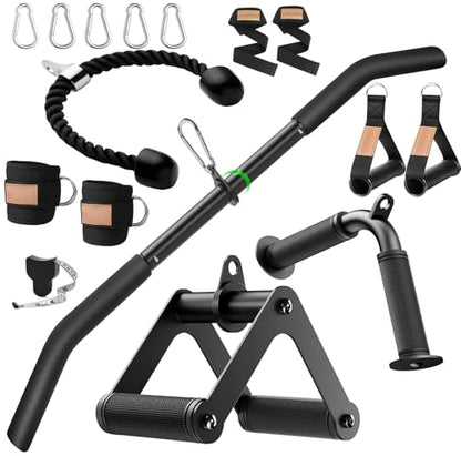 Cable Machine Attachment Set LAT Pulldown Attachments,Cable Machine Accessories for Home Gym Weight Workout Include LAT Pulldown Bar,Double D Bar, Tricep Rope,V Bar - color: Black-7 pcs