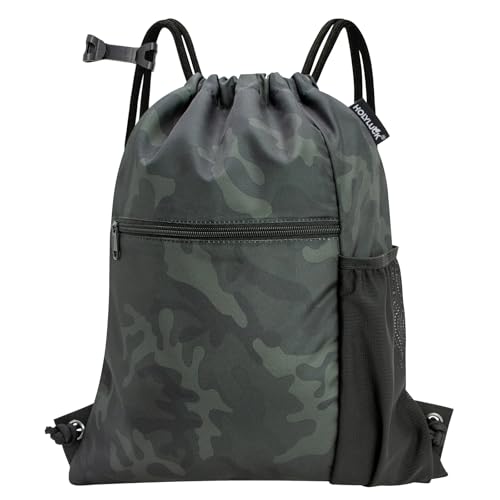 HOLYLUCK Men & Women Outdoor Sport Gym Sack Waterproof Drawstring Backpack Bag (Standard with drawstring, Black Camo) - color: Black Camo, style: Standard With Drawstring