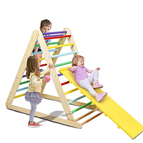 Costzon Foldable Climbing Toys for Toddlers, 3 in 1 Montessori Wooden Triangle Climber for Sliding & Climbing, Kids Indoor Climbers & Gym Play Structures for Boys Girls Gift Present - color: Rainbow